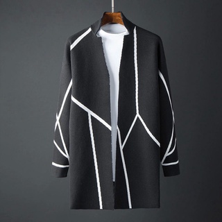 Men's Long Section Sweater Coat Irregular Lines Hit Color Jacquard Collar Cardigan Sweater Male Slim Tide
