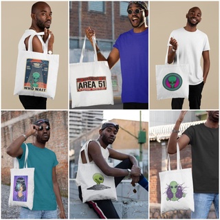 Space Alien Area 51 Print Canvas Tote Bags 13x15"
