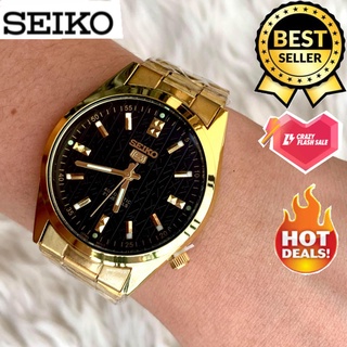 Seiko 5 21 Jewels Black Dial Stainless Steel Watch for Men(Gold)