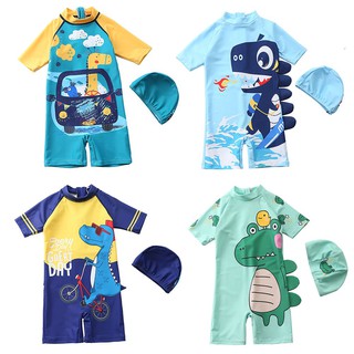2PCS Toddler Baby Kids Boys Cartoon Swimsuit Zipper Bathing Suit Swimwear with Hat Rash Guard Surfin