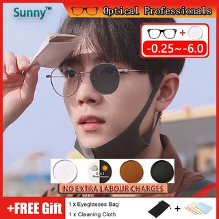 Index 1.56 Prescription Graded Glasses Photochromic Anti Radiation 2 in 1 Glasses For Women Men Fashion Anti Blue Ray Transitional Auto Changing Color Lens Alloy Eyeglass Frames Replaceable lens Round Anti Glare Computer Glasses Unisex