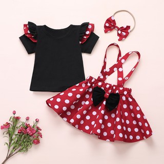 2PC Toddler Baby Girls T-shirt Tops Bow Polka Dot Suspender Skirt Headband Outfits Set (3)