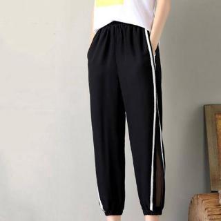 Women Harem Pants Mid Waist Elastic Solid Straight Pants (2)