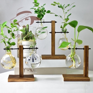 LAB Table Desk Bulb Glass Hydroponic Vase Flower Plant Pot with Wooden Tray Office Decor