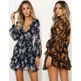 Europe and America autumn new fashion flower printing long-sleeved slim dress