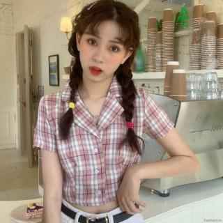 Korean college style lapel collar plaid casual short-sleeved crop tops (8)