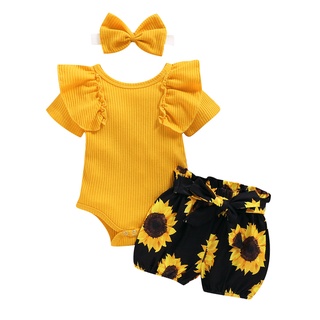 2021 Fashion Toddler Infant Baby Girls Sunflower 3pcs Outfits Set Romper Tops+Shorts+Headband Summer
