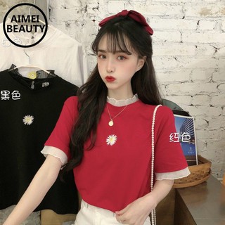 AimeiBeauty Daisy embroidery lace stitching fake two short-sleeved T-shirt