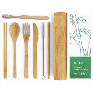 Eco Friendly Bamboo Cutlery Set w/ Bamboo Straw, Cleaning Brush & Toothbrush in Bamboo Case ST-138