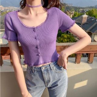 Weania Cute Women Short Sleeve Button Cardigan Lace Knit Tshirt