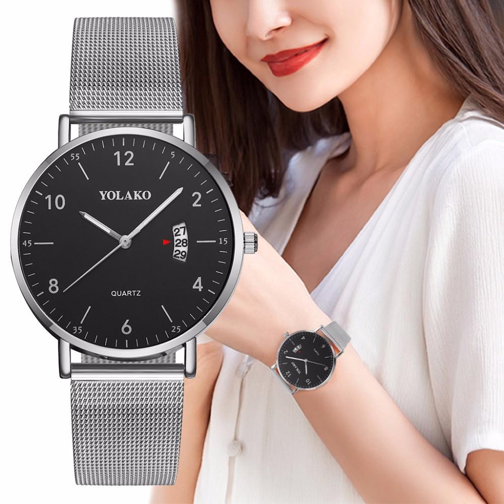 Unisex Silver Mesh Watch With Calendar Women / Men Stainless Steel Analog Quartz Watch