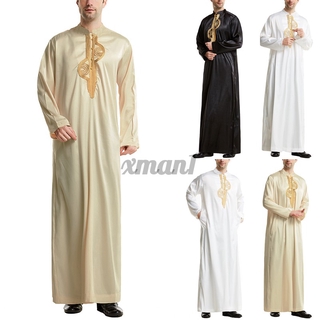 XMAN Men Vintage Muslim Embroidered Floral Full Length Long Robe