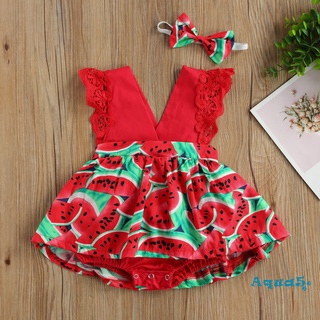 【Ready Stock】❈❆AQQ-Baby Watermelon Print Clothes Set, Girls Sleeveless Deep V-neck Short Jumpsuit +