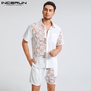 Perfectly Western Mesh Style INCERUN Mens See Through Nightwear Suit Floral Tops Shorts Shorty Sleep