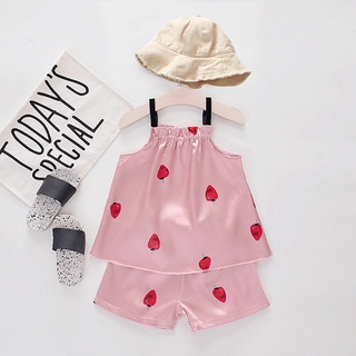 ✨ perfect ❀ Summer Baby Kids Girls Cartoon Strawberry Print 2 Pcs Set BlouseTops+Shorts Sleepwear Pa