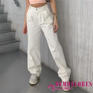 DEMQ-Women Trendy High Waist Solid Color Relaxed Fit Denim Pants Straight Wide Leg Jeans