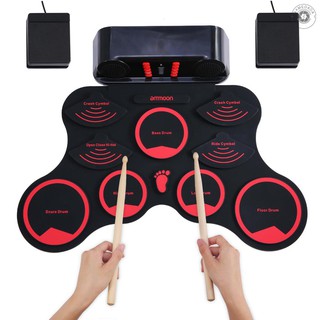 ☞ ammoon Portable Electronic Drum Set Digital Roll-Up MIDI Drum Kit 9 Silicon Durm Pads Built-in Stereo Speakers Rechargeable Lithium Battery with 2 Foot Pedals for Kids Children Beginners