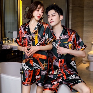 Summer Korean ice silk couple pajamas cardigan short-sleeved pajamas for men and women loose plus si