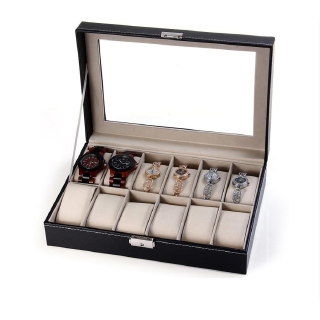 【Ready Stock】Watch Box 12 Grid Leather Display Jewelry Case Organizer With key