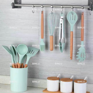 12pcs silicone cooking utensils set spatula shovel wooden handle cooking/kitchen tools storage,BINLU (2)