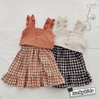 Summer 2Pcs Sweet Baby Girls Solid Color Sleeveless Sling Tops+Plaid Skirt Set