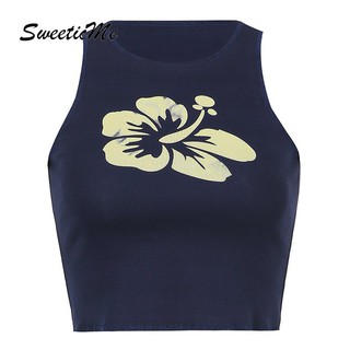 ❤SweeticMe Women's 2021 New Flower Print Basic Round Neck Simple Contrast Slim Sleeveless Vest