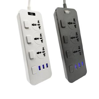 READY STOCK Multiple Power Strip Surge Protection US Plug Electrical Extension Sockets with 3 USB 3 Way Outlets Independent Control 2M Cord