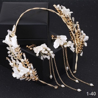 ↂ✠♟Elegant Flower Hairband Tassels Earring Set Bride Wedding Tiaras Glitter Crystal Pearl Headwear
