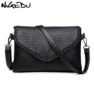 NIGEDU Casual Crossbody Bag Female Messenger Bags black PU Leather Women's Shoulder Bags Chain women