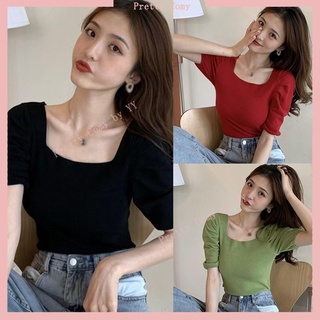 Square Collar Crop Top Sexy Korean Style Slim Crop Top Solid Color Puff Sleeves Crop Top Trendy Knitted Top