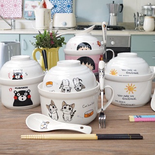 Ceramic Instant Noodle Bowl Japanese-style Large Cute Porcelain Bowl Cartoon Covered Tableware