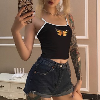 Sexy Women Crop Top 2021 Summer Butterfly Letter Embroidery Strap Tank Tops Cropped Feminino Ladies