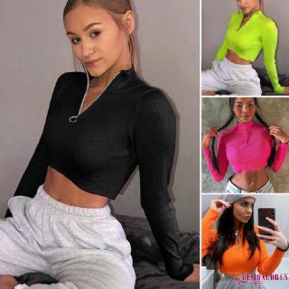 ❀DEM☞Women Sexy Long Sleeve Zipper Turtleneck Crop Tops