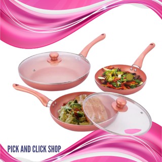 Copper Ceramic Non Sticky Frying Pans Cookware Set (Set of 3 with 2 Glass lid) with freebies