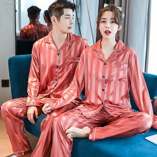 cod┋【2 sets 】Terno Pantulog Unisex Couple Silk Sleepwear Women Men Long Sleeve Long Pants Pajamas Ni