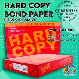 Hard Copy Bond Paper 1 Ream 500 sheets (Short/A4/Long) 70 gsm subs 20