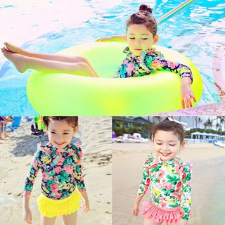 ♈✠Girls Swim Wear 3pcs/set Fashion Floral Split Swimming Suits Kids Baby Long Sleeve Top+Skirts+Swim