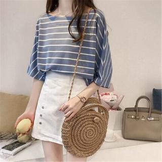 【40-150kg/3Colors/Actual Photo】Soft Oversized Korean Simple Style Women Plus Size Striped T-shirt Large Round Neck 3/4 Short Sleeves BIg Loose Tee Summer Maternity Pregnancy T-shirt Casual Top Fashion Fat Size T-shirt Pajamas (1)