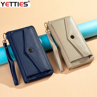 Genuine Leather Long Wallet For Women Cow Leather Card Holder Big Zip Cell Phone Clutch Purse Female Wristlets Wallet