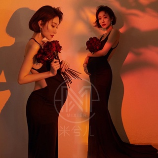 080 Photo Studio Pregnant Women Photography Theme Costume Rental Black Sexy Halter Sling Trail Dress