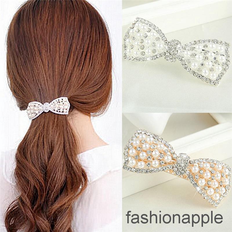 FAPH Women Girl Crystal Bow Hair Clip Hairpin Barrette Pearl Hair Accessories (8)