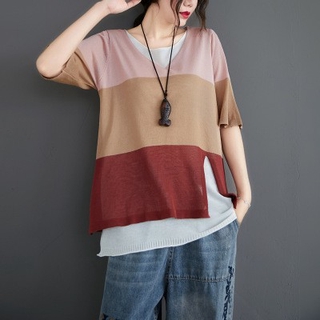 Women‘s Fake Two-piece Ice Silk Short-sleeved T-shirt Large Size Loose Stitching Striped Shirt Thin