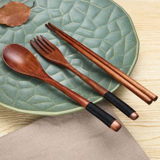 Wooden 3in1 Spoon Fork and Chopstick with Pouch.