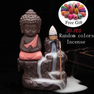 【MIC】New Monk Buddha Backflow Incense Burner + 10Pcs Cones Ceramics Insense Stick Holder Insenso COD