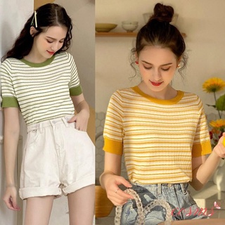 Ready stock Women's Casual O Neck Striped Short Sleeve Slim Knitted T-Shirt Crop Tops New