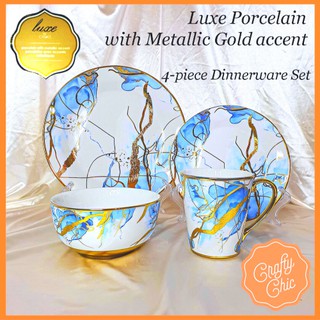 [The Crafty Chic] 4-in-1 Luxe Porcelain Metallic Gold Accent Dinnerware Plate Bowl Mug Cup Saucer