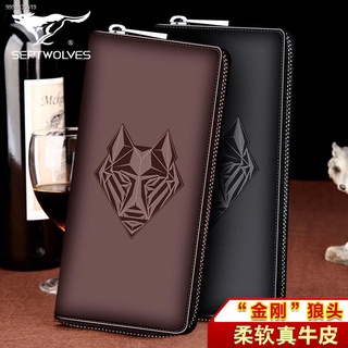 Seven wolves wallet men s leather long zipper authentic handbag men s trendy mobile phone bag multi-