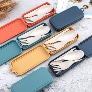 4IN1 Spoon Fork Chopsticks Fork Cutlery Set Portable Wheat Straw Reusable with Box Tableware Set