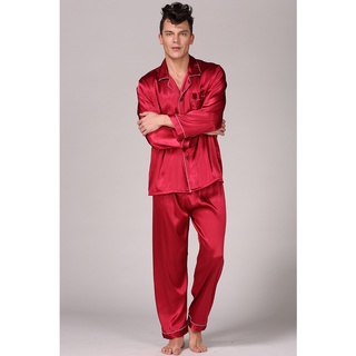 2020 Red Black Blue Male Pajama Set Satin Silk Men's Casual Nightwear Sleepwear Nightgown Robe халат