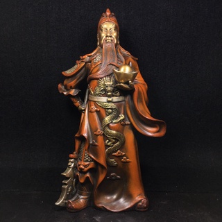 12"Tibet Buddhism Old Bronze Gilt Real gold silver Guan Gong Statue Dragon pattern Hold ingot God of